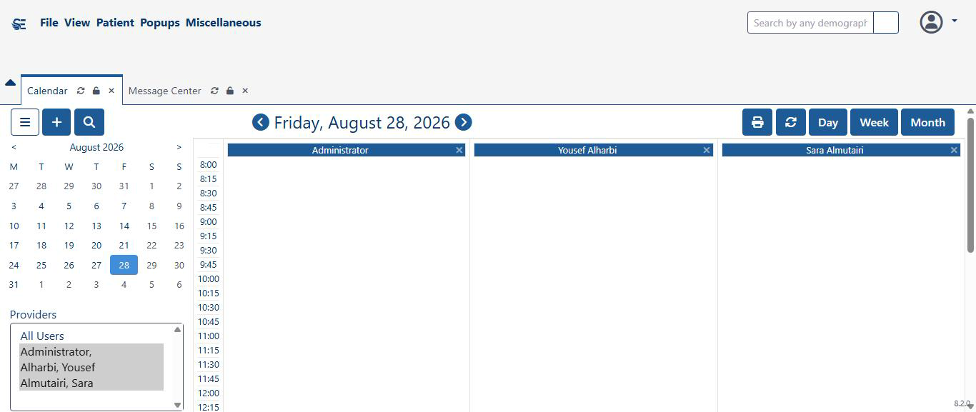 SkyEagle top menu for a Front Office role showing only File, View, Patient, Popups, and Miscellaneous — no clinical or billing menus.