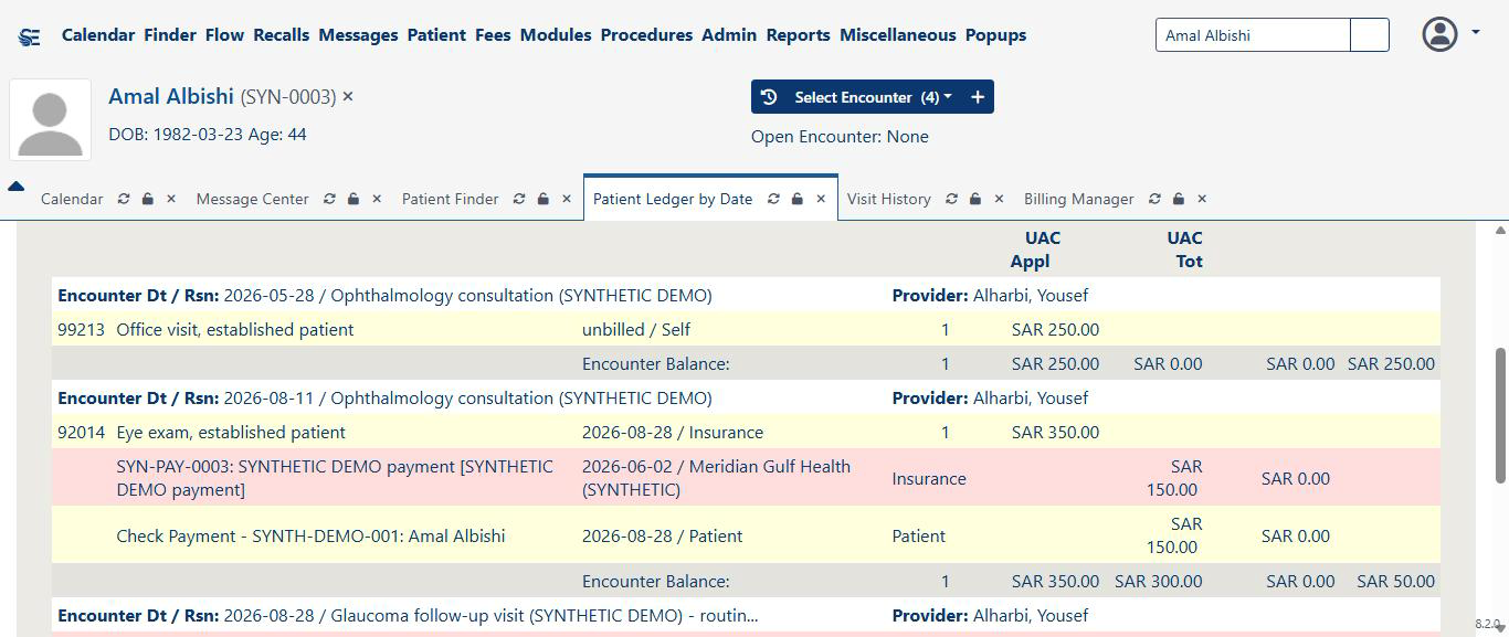 Patient ledger showing office visit and eye exam charges, an insurance payment, and a patient payment in Saudi riyal.