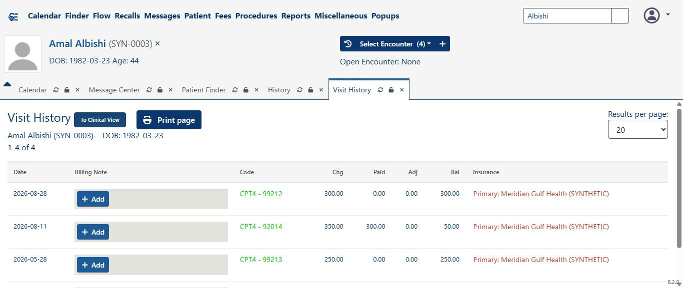 Billing view of Visit History showing CPT codes, charges, payments, adjustments, balances, and insurance per encounter.