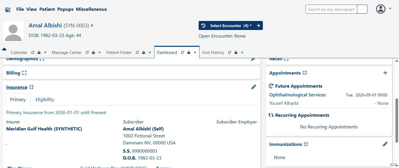 Insurance panel showing primary insurance details: insurer, subscriber, address, and plan name.