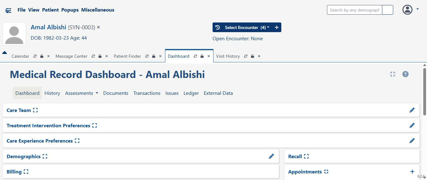Patient record view for a Front Office role showing Care Team, Demographics, Billing, Recall, Appointments, and Insurance panels with no clinical widgets.