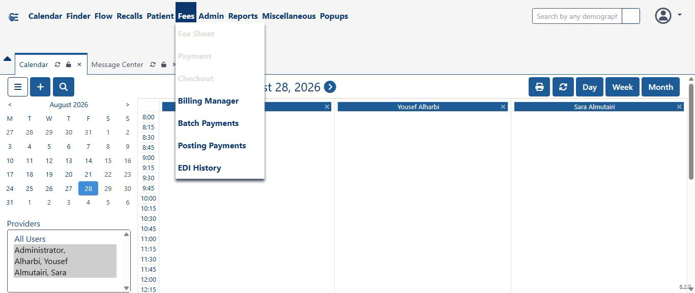 Fees menu — Fee Sheet, Billing Manager, Batch Payments, Posting Payments, EDI History.