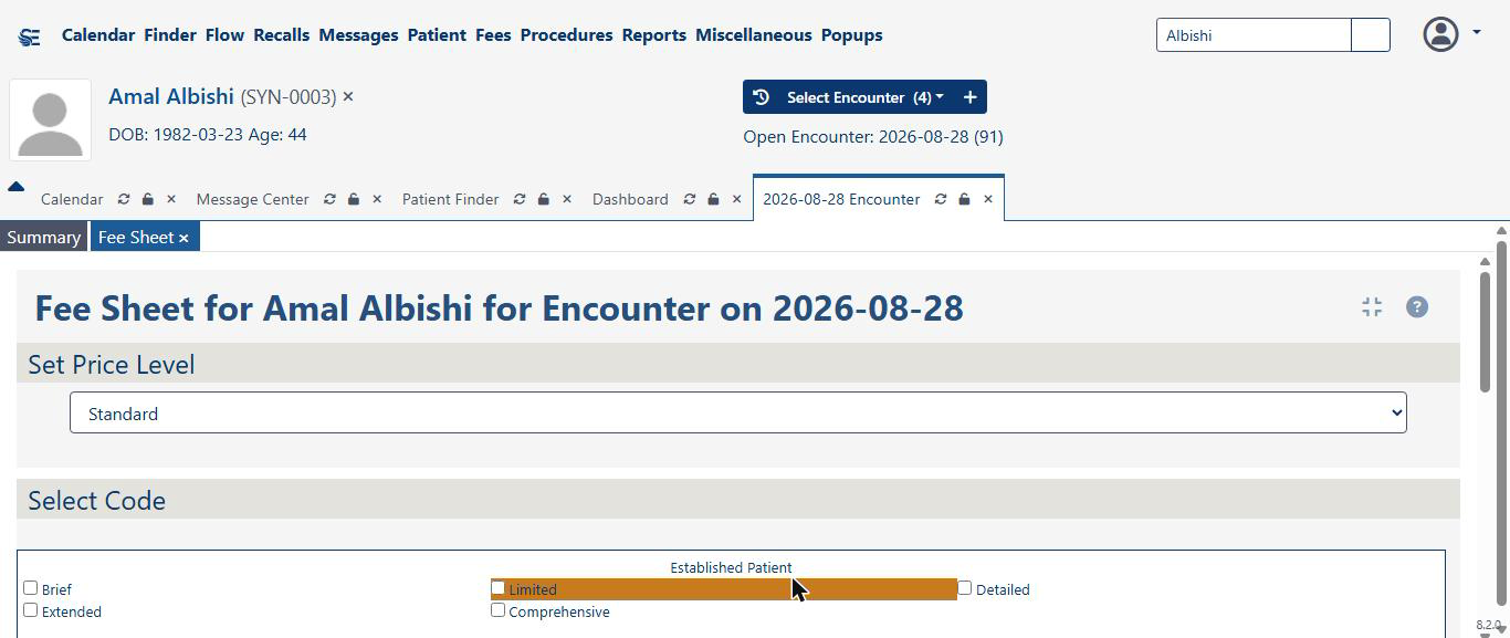 The E/M-level picker — five visit-complexity levels, from Brief to the most detailed.