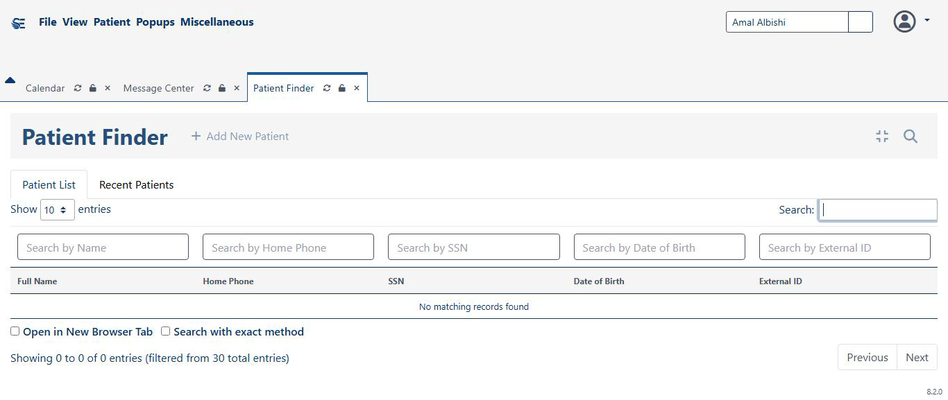 Search for a patient by name, SSN, date of birth, or external ID.