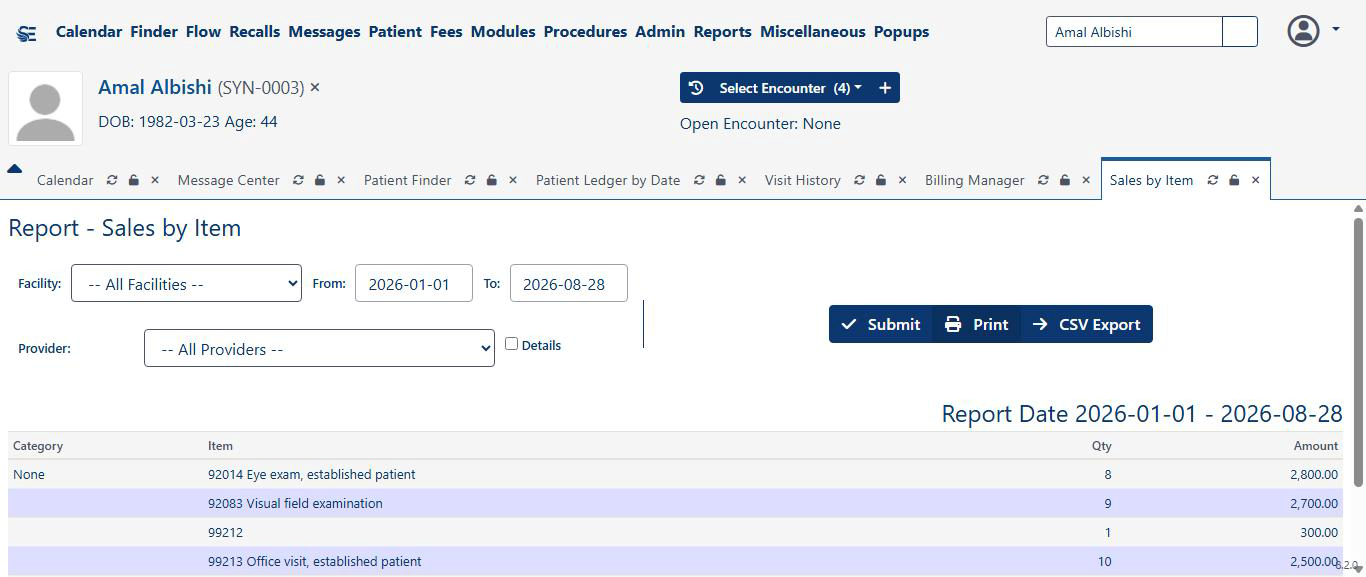 Sales by Item — aggregate revenue by CPT code, practice-wide, date-range filtered.